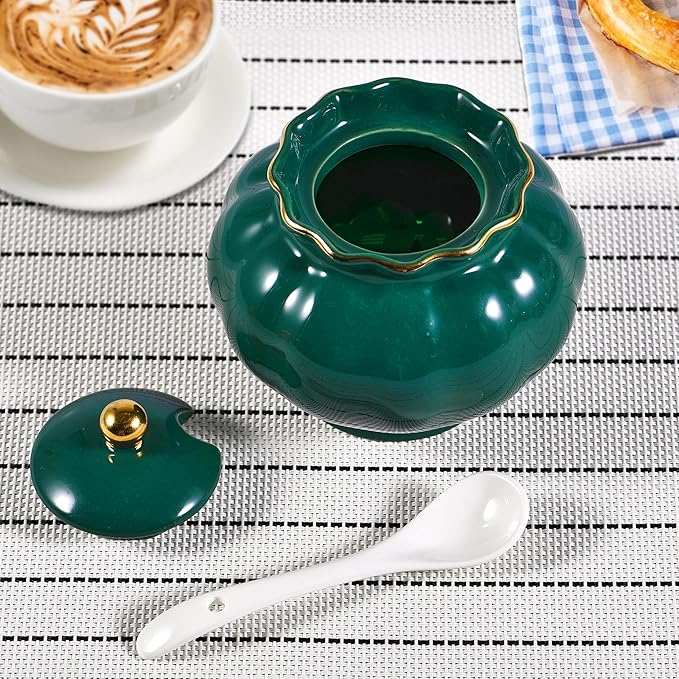 Sugar Bowl with Lid and Spoon, Ceramic Sugar Bowl, 9oz Sugar Jar for Coffee Bar, Spice Box Sugar Containers for Seasoning, Sauce, Elegant Decor for Kitchen Countertop