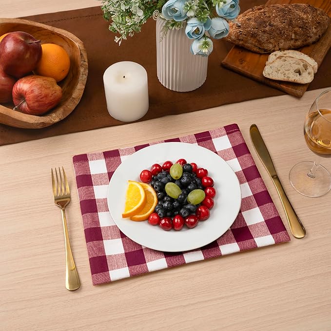 Blue Needles Gingham Buffalo Plaid Cloth Napkins 100% Cotton Set of 12 Dinner Table Napkins 18x18 inch Soft, Reusable, Washable, Ideal for Wedding Parties Everyday Use - Burgundy & Halfwhite