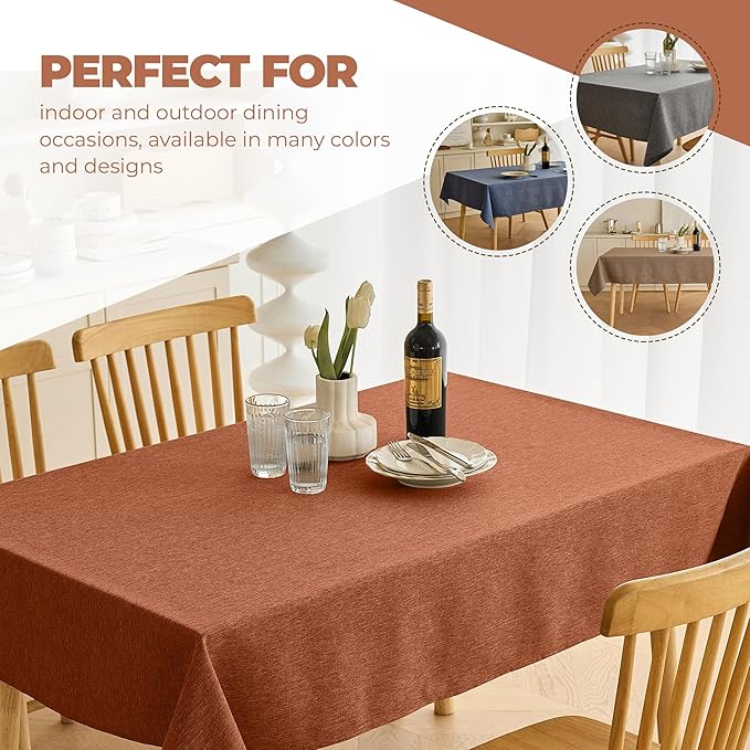 Waterproof Faux Linen Rectangle Tablecloth, Spillproof Wrinkle Free Farmhouse Reusable Table Cloth for Holiday,Banquet, Party, Buffet Dinner (Oblong,60 x 120 Inch (10-12 Seats),Burnt Orange)