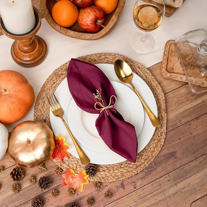 Blue Needles Set of 12 Hemstitch Linen Napkins 100% Cotton Burgundy Cloth Dinner Napkins 18x18 inches, Soft, Reusable, Absorbent, Washable, Ideal for Wedding Events, Parties & Everyday Use