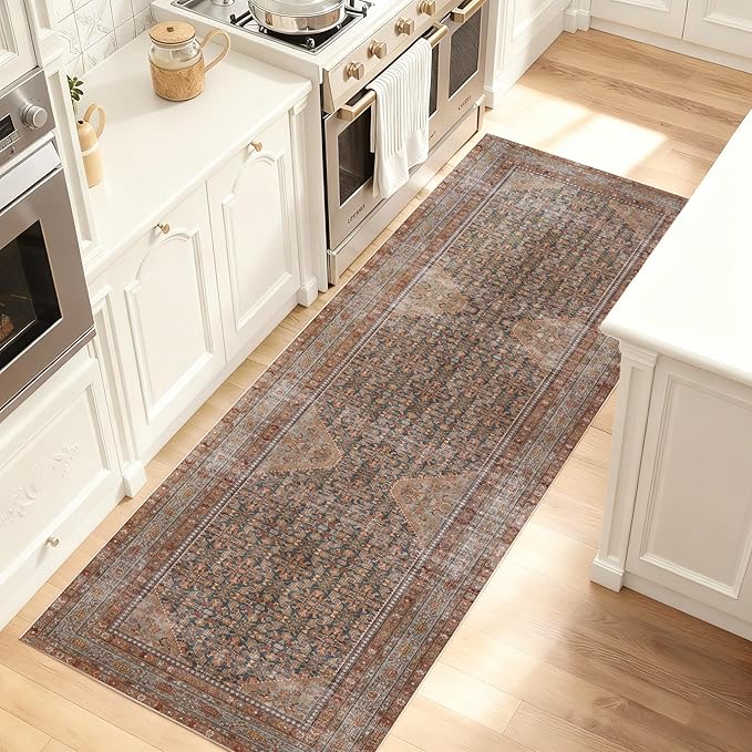 Kuden 2'6"x12 Runner Rug, Machine Washable Area Rug with Non-Slip Backing, Vintage Style, Soft, Easy Clean, Low Pile Rug for Hallway, Entryway, Kitchen, Bedroom