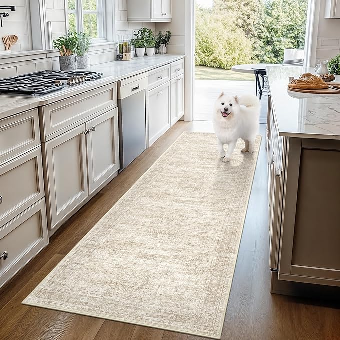 3x12 Runner Rug for Hallway, Non-Slip Long Bathroom Rugs Runner for Kitchen, Bedroom, Soft Vintage Abstract Washable Rug for Entryway, Thin Floor Mat for Dining Room(3'x12', Beige/Ivory)