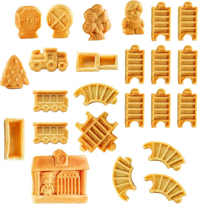 Train Set Waffle Maker – Build Track & Cargo Car Shaped Mini Waffles – Electric Non-Stick Plates, Dishwasher-Safe Removable Inserts for Kids Morning Breakfast, Pancakes, Snack, Family Fun Gift & Play!