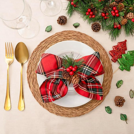 Blue Needles Buffalo Plaid Christmas Napkins - 100% Cotton Set of 12 Gingham Cloth Napkins 18x18 inches - Soft, Reusable & Washable, Ideal for Valentine's Parties & Everyday Use - Christmas Multi Red
