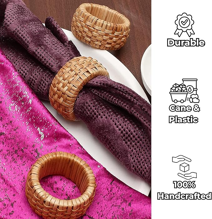CLEENTABLE Rustic Napkin Rings Set of 12 - Elegant Round Cane Napkin Rings, Easy to Clean, Durable Versatile for Table Settings, Special Occasion, Easter Table Decor & Gift Giving Ideas (Natural)