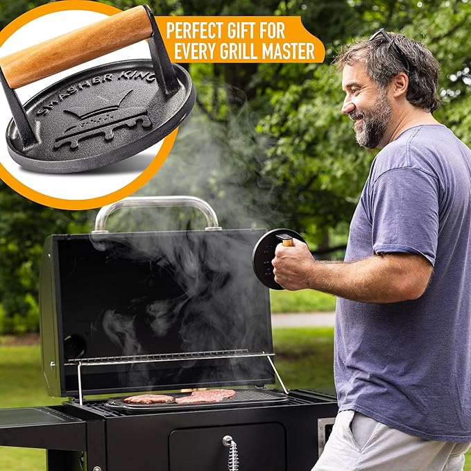 SMASHER KING™ - Smash Burger Press - Cast Iron Burger Smasher And Hamburger Patty Maker - Smash Burger Kit With 25 Sheets Of Paper - Grill Press And Steak Weight For Heavy Meat Smasher Cooking Results