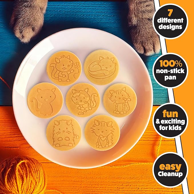 Kitty Friends Mini Pancake Pan - Make 7 Unique Flapjack Cat Designs, Nonstick Pan Cake Maker Griddle w Long Handle for Breakfast Animal Kitten Fun- Easy Cleanup, Fun Kids Gift or Party Dessert Treat