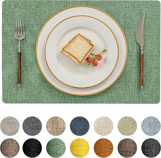 Romanstile Vinyl Placemats Set of 4-12 X 17 Inch - Heat Resistant Place Mats 100% Waterproof Oilproof Wipeable Reversible Faux Leather Table Mats for Kitchen, Dining, Party, Outdoor, Dark Green