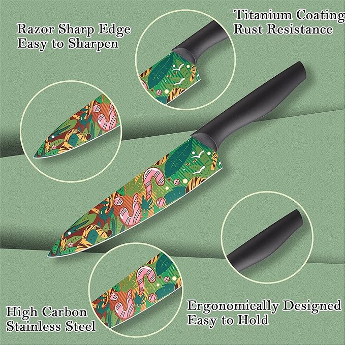 Marco Almond Knife Set Artistic Designed Pattern Kitchen Knife 6 Stainless Steel Kitchen Knives w 6 Blade Guards, Dishwasher Safe Knives for Family Kitchen Knives Set for Chefs