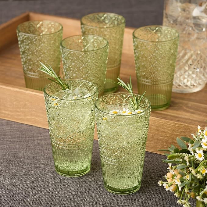 Victoria Green Set of 6 Premium Acrylic Ice Tea Glass 22 oz – Unbreakable Glassware with Elegant Embossed Design, Dishwasher Safe for Indoor & Outdoor Use