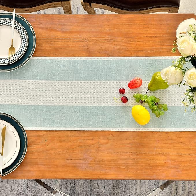 Wracra Linen Table Runner, Farmhouse Macrame Table Runners 108 Inches Long for Dining Table Decor, Wedding, Party and Dresser Decor (Aqua Blue,108")