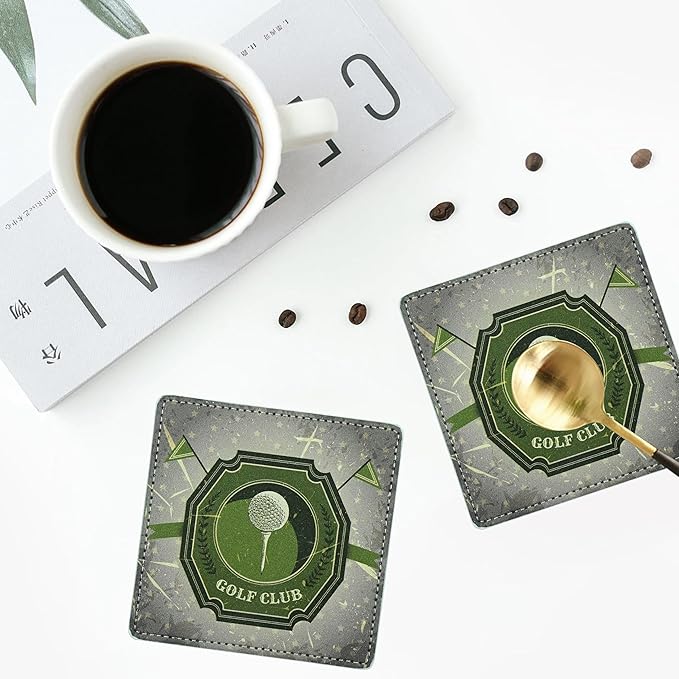 Marble Coasters Square Leather Drinks Coaster Set with Holder for Coffee Table Bar Home Decor 4 Inches Set of 6 (Golf, One Size)