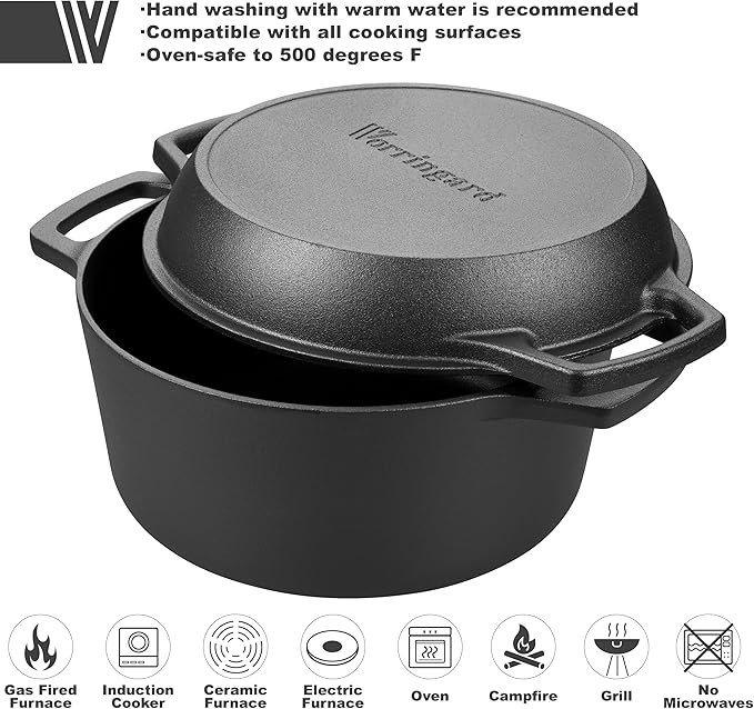 VORRINGARD Pre-seasoned Cast Iron Double Dutch Oven Pot with Skillet Lid, Dual-handle, for Bread Baking, Outdoor, Campfire Cooking, 5 Quart