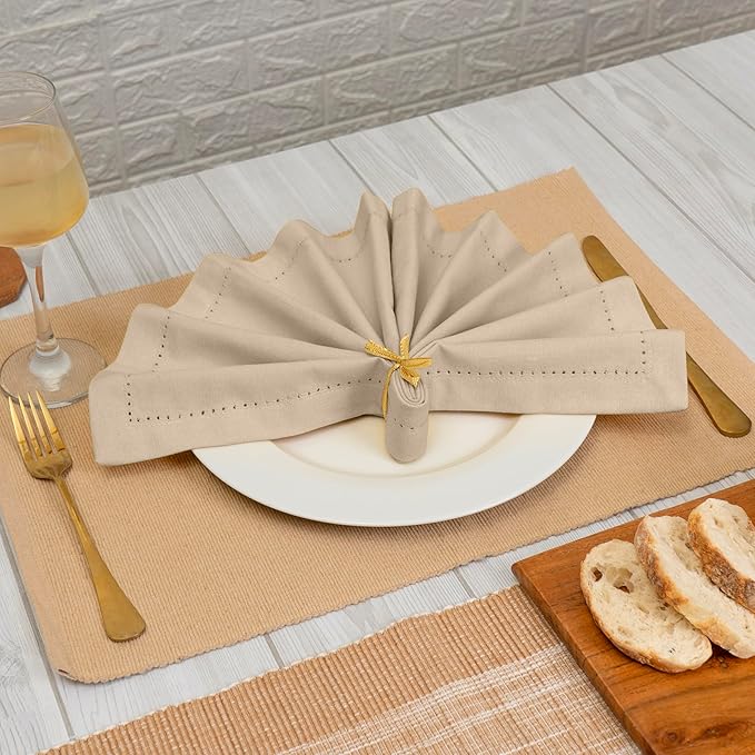 Blue Needles Set of 12 Hemstitch Linen Napkins 100% Cotton Beige Cloth Dinner Napkins 18x18 inches, Soft, Reusable, Absorbent, Washable, Ideal for Wedding Events, Parties & Everyday Use