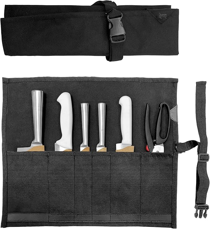 Under NY Sky Knife Roll Case - 6 Slots - Heavy Duty Oxford Canvas Pouch - Leather Reinforced - Portable Bag for Cooking Tools, Utensils, Cutlery Knives, Brushes - Chefs, Kitchen, Travel, Gift - Black