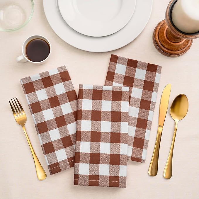 Blue Needles Gingham Buffalo Plaid Cloth Napkins 100% Cotton Set of 12 Dinner Table Napkins 18x18 inch Soft, Reusable, Washable, Ideal for Wedding Parties & Everyday Use - Nut Brown & White