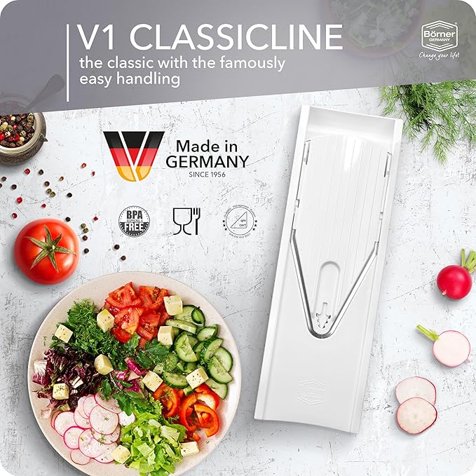 Börner Mandoline Slicer V1 (Professional Set) • V-Slicer with 4 Inserts, Fruit Holder, Docking Station, Box • Adjustable Vegetable Slicer • Cuts into Slices, Strips & Dices • Color: White