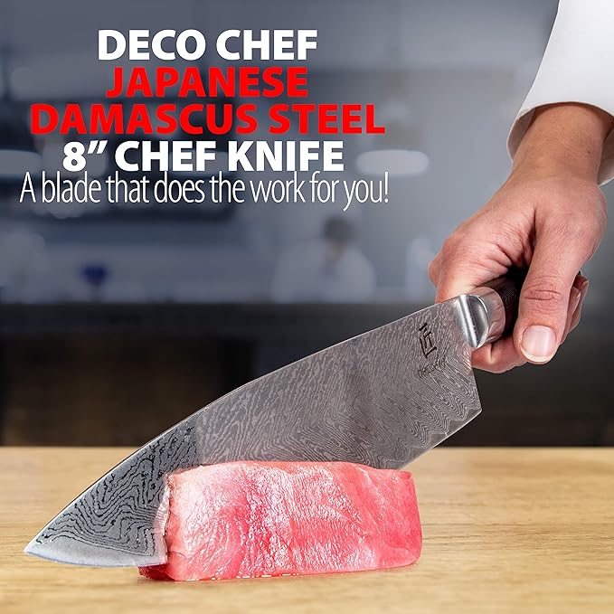 Deco Chef Professional Chef Knife 8-inch Damascus High Carbon Steel - 67 Layers AUS-10 Razor Sharp Japanese Quality with Full Tang Ergonomic Handle, Sharpening Guide Included