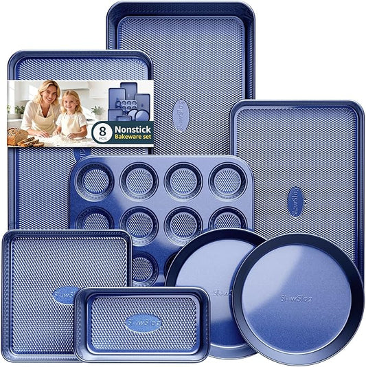 Slow Slog Baking Pans Set 8-Piece Bakeware Sets, Baking Sets for Cooking Nonstick Oven Pan Set, Baking Sheet Set, Cookie Sheets for Baking, Muffin Pan, Ceramic Coated Blue