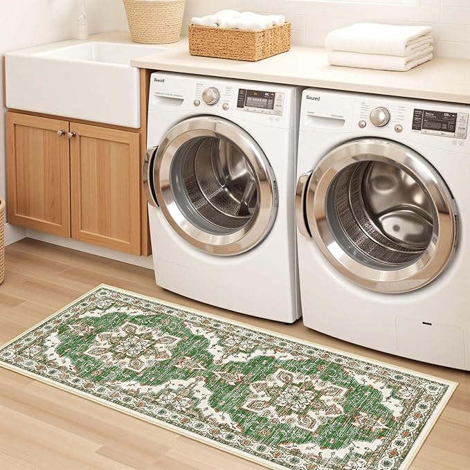 Tritard Non Slip Kitchen Rugs Sets of 3 Washable Kitchen Rug Boho Kitchen Mats for Floor Soft Kitchen Runner Rug Non Skid Kitchen Floor Carpet for Entryway Hallway Laundry Room, Green