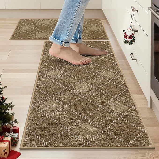 COSY HOMEER Kitchen Rugs and Mats Sets 2PCS Non-Slip Soft Kitchen Mats for Floor Absorbent and Stain Resistant Kitchen Floor Mat Washable Plaid Rugs for Kitchen,20"x32"+20"x48",Taupe