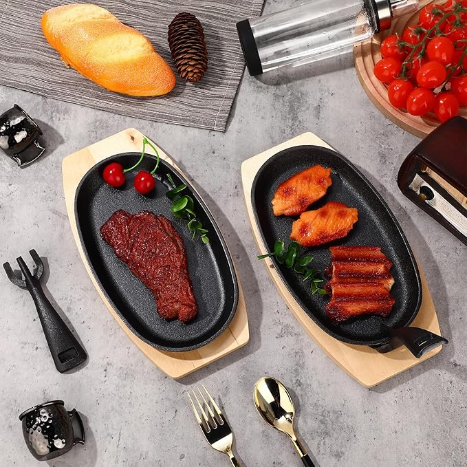 6 Pieces Oval Cast Iron Fajita Skillet Pan Set Small Sizzling Steak Plate with Wooden Base and Handle Cast Iron Fajita Skillet Sizzling Plate for Home Valentine's Day(9.5 in x 5.5 in, Natural Wood)