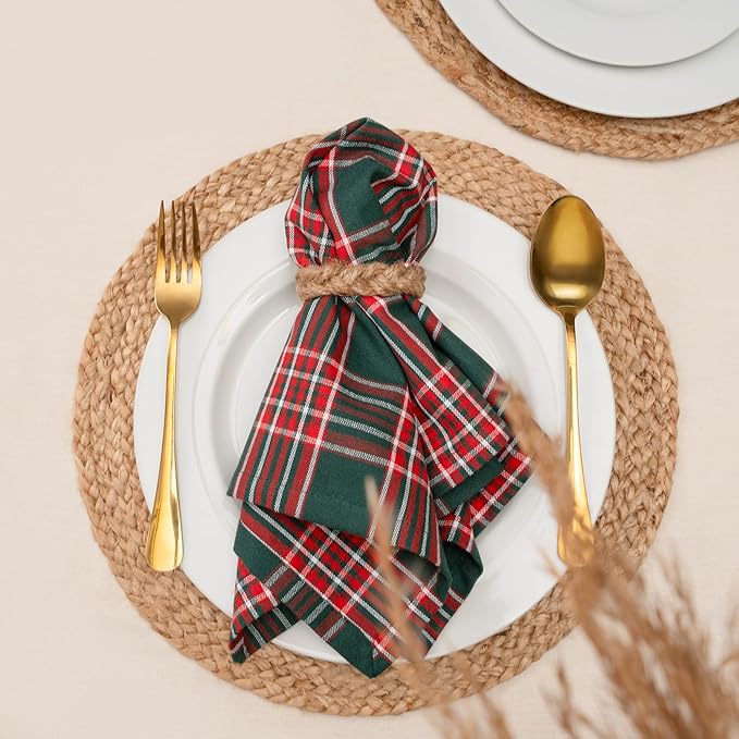 Blue Needles Gingham Buffalo Plaid Cloth Napkins 100% Cotton Set of 12 Dinner Table Christmas Napkins 18x18 inch Soft Reusable Washable Perfect for Event Parties & Everyday Use - Christmas Multi Green
