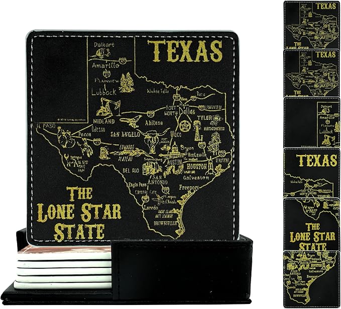 Marble Coasters Square Leather Drinks Coaster Set with Holder for Coffee Table Bar Home Decor 4 Inches Set of 6 (Texas, One Size)