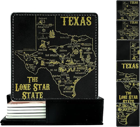 Marble Coasters Square Leather Drinks Coaster Set with Holder for Coffee Table Bar Home Decor 4 Inches Set of 6 (Texas, One Size)