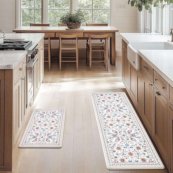 FRESHMINT Anti Fatigue Kitchen Mats for Floor 2 Piece Set, Waterproof & Non-Skid Vintage Floarl Kitchen Rugs, Cushioned Kitchen Mat for Standing Washable Comfort Desk Kitchen Runners, 17x30''+17x47''