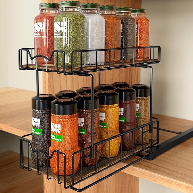 Simple Houseware 2-Tier Spice Rack Slide Out Wire Basket Drawer Organizer, Black