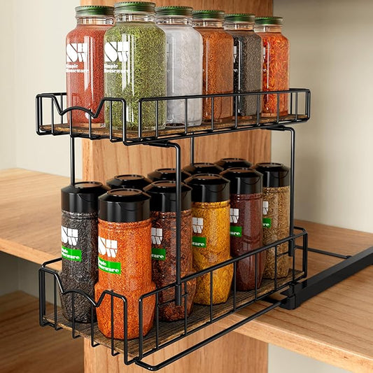 Simple Houseware 2-Tier Spice Rack Slide Out Wire Basket Drawer Organizer, Black