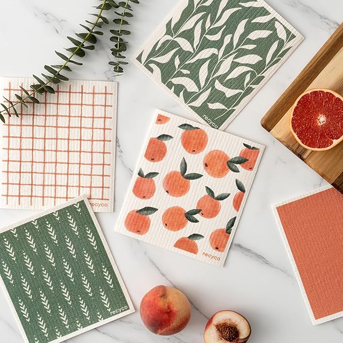 RECYCO Swedish Dishcloths for Kitchen | 5 Pack Peachy Leaves Washable Dish Rags | Cellulose Reusable Cleaning Paper Towels | Absorbent Counter Dish Cloth Sponge Kitchen Wipes, 8" L x 7" W