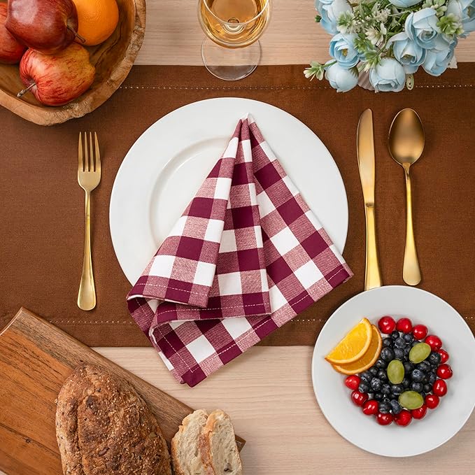 Blue Needles Gingham Buffalo Plaid Cloth Napkins 100% Cotton Set of 12 Dinner Table Napkins 18x18 inch Soft, Reusable, Washable, Ideal for Wedding Parties Everyday Use - Burgundy & Halfwhite