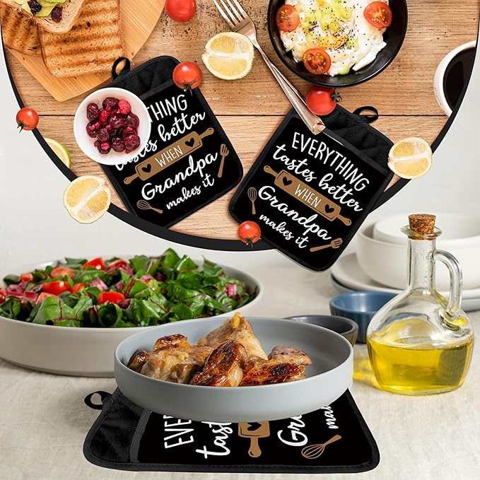 Grandpa Gifts Pot Holders with Pockets, Everything Tastes Better When Grandpa Makes It Pot Holders Heat Resistant Oven Mitts Hot Pads for Kitchen Baking Cooking,Potholders for Kitchens