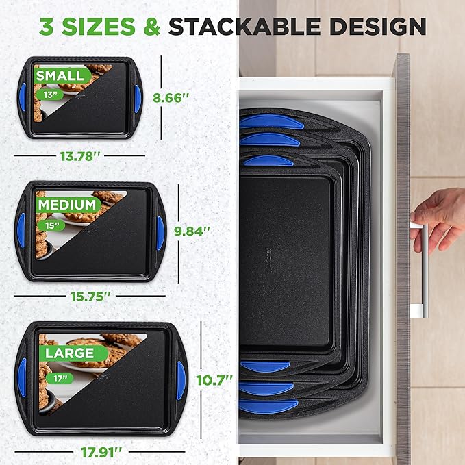 NutriChef 3-Piece Nonstick Cookie Sheet Tray Set - Baking Pans with Blue Silicone Handles, Stackable Design, Easy to Clean, Small, Medium, Large Carbon Steel Cookie Pans, Oven Safe to 446°F