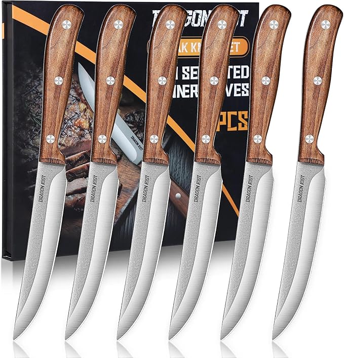 DRAGON RIOT Steak Knives Set of 6, Ultra Sharp Steak Knife Set Japanese VG-10 Stainless Steel Non Serrated Steak Knives Full Tang Wood Handle with Gift Box