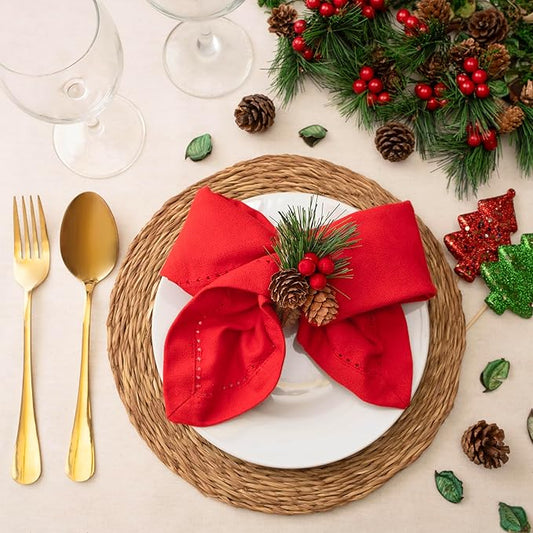 Blue Needles Set of 12 Hemstitch Linen Napkins 100% Cotton Red Cloth Dinner Napkins 18x18 inches, Soft, Reusable, Absorbent, Washable, Ideal for Valentine's Day Events, Parties & Everyday Use