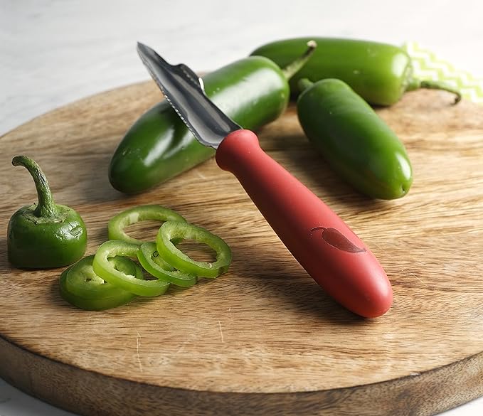 RSVP International Endurance Collection Vegetable Core & Seed Remover, Tomato, Zucchini, Jalapeno Pepper Corer Tool, Dishwasher Safe, 8.25" Overall Length, Stainless Steel Blade, Red Handle