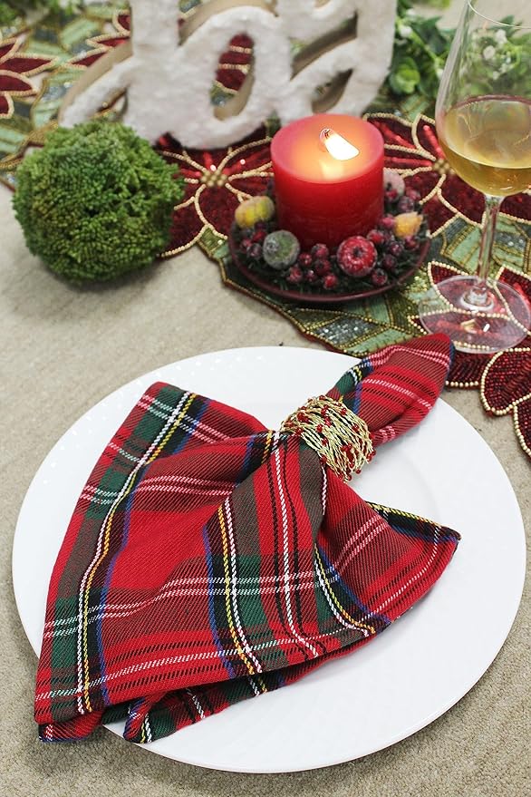 COTTON CRAFT Christmas Napkin Rings - Set of 8 Merry Xmas Fall Thanksgiving Beaded Metal Twine Napkin Ring - Hallelujah Holiday Celebration Party Gift Dining Table Handmade Napkin Holder - Red Gold