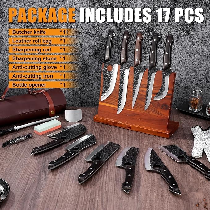 TAN REN 17PCS Butcher Knife Set with Bag, High Carbon Steel BBQ Knife Set for Meat Cutting, Hand Forged Serbian Chef Knives for Men Home & Outdoor Cooking, Christmas Gifts for Men