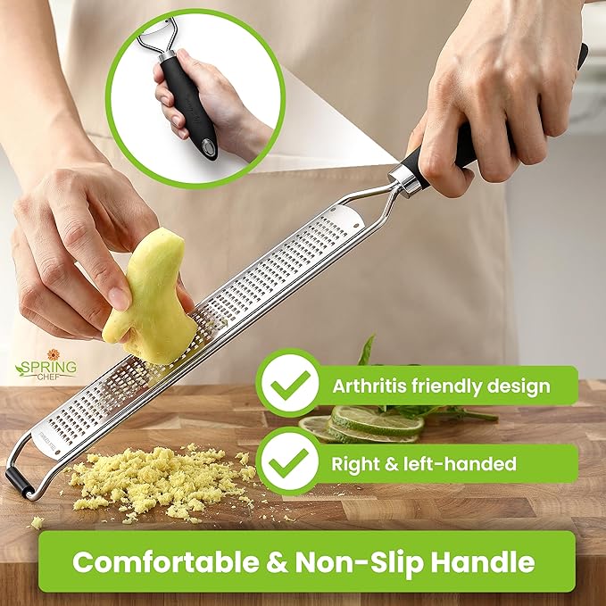 Spring Chef Stainless Steel Lemon Zester Grater with Handle - Garlic, Cheese, Parmesan, Nutmeg, Lime, Ginger Grater - Heavy Duty Kitchen Tool - Citrus Zester with Blade Cover - Fine Shred - Black