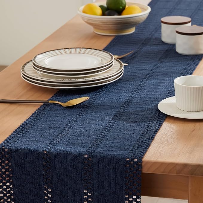 ZeeMart Macrame Style Boho Table Runner, Navy Table Runners 108 Inches Long, Farmhouse Woven Home Decor, 12x108 Inch, Navy Blue