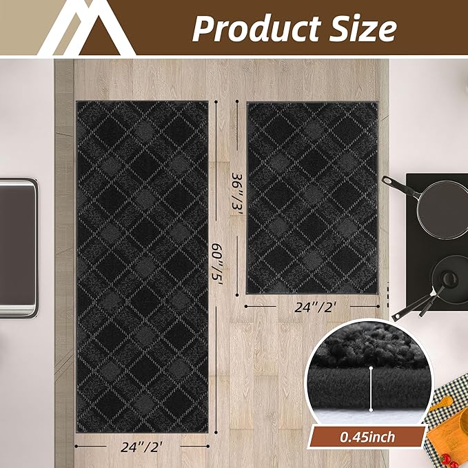 COSY HOMEER Kitchen Rugs and Mats Sets 2PCS Non-Slip Soft Kitchen Mats for Floor Absorbent and Stain Resistant Kitchen Floor Mat Washable Plaid Rugs for Kitchen,24"x36"+24"x60",Dark Grey