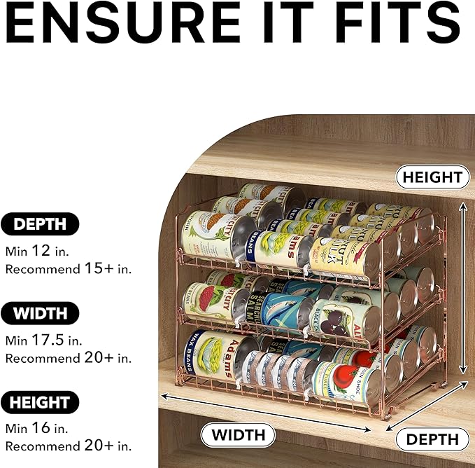 Simple Houseware Stackable Can Organizer Rack for Pantry/Cabinet – 11.5" D x 17" W x 13.75" H, Holds 36 Cans, 3-Tier Can Food Storage Dispenser, Rose Gold