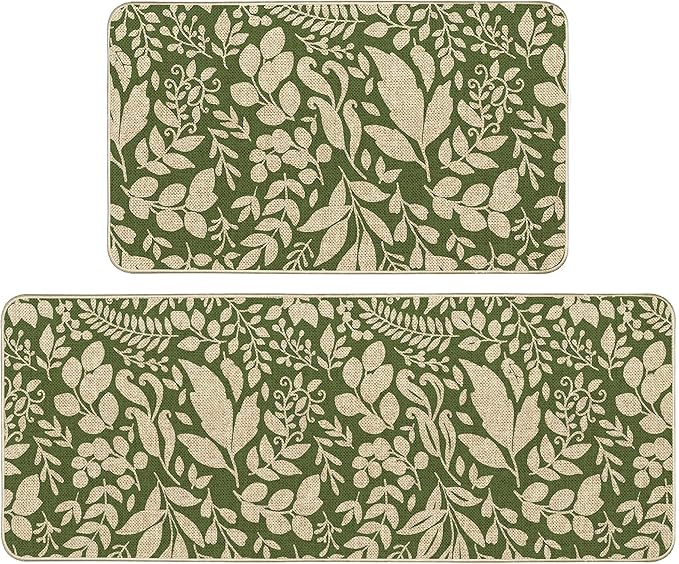 Spring Kitchen Rug and Mat Set of 2 Green Leaves Floor Mat Non Slip Rubber Backing Low-Profile Kitchen Rugs for Floor Summer Kitchen Decor for Home Bath Office- 17x29 and 17x47 Inch