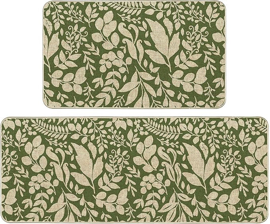 Spring Kitchen Rug and Mat Set of 2 Green Leaves Floor Mat Non Slip Rubber Backing Low-Profile Kitchen Rugs for Floor Summer Kitchen Decor for Home Bath Office- 17x29 and 17x47 Inch