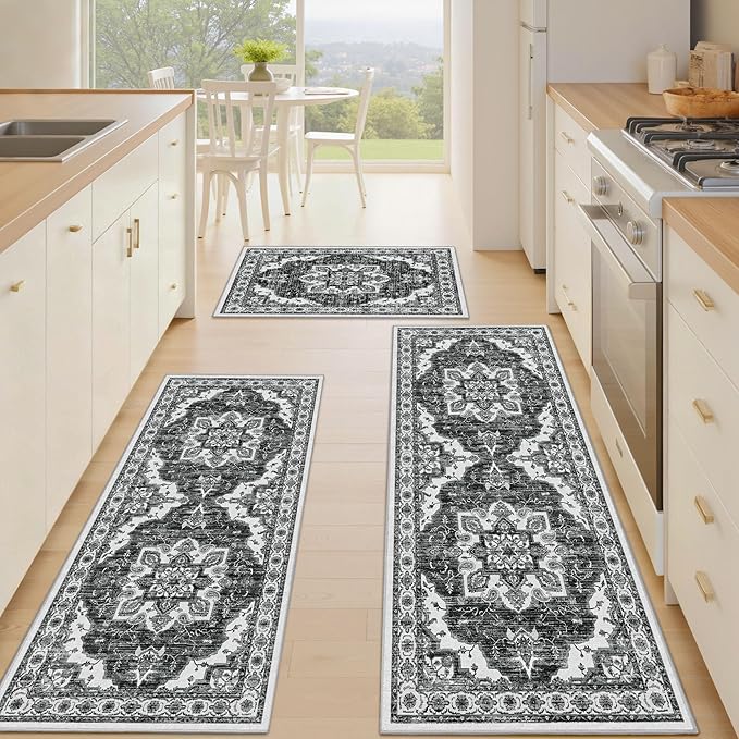Tritard Non Slip Kitchen Rugs Sets of 3 Washable Kitchen Rug Boho Kitchen Mats for Floor Soft Kitchen Runner Rug Non Skid Kitchen Floor Carpet for Entryway Hallway Laundry Room, Black Grey