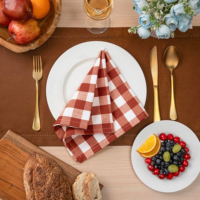 Blue Needles Gingham Buffalo Plaid Cloth Napkins 100% Cotton Set of 12 Dinner Table Napkins 18x18 inch Soft, Reusable, Washable Perfect for Wedding Parties & Everyday Use- Rust and Ivory