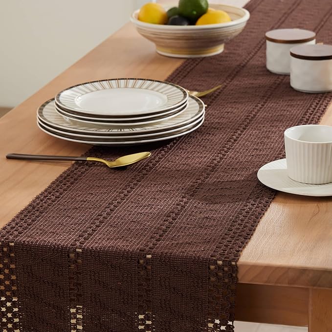 ZeeMart Macrame Style Boho Table Runner, Dark Brown Table Runners 60 Inches Long, Farmhouse Woven Home Decor, 12x60 Inch, Chocolate